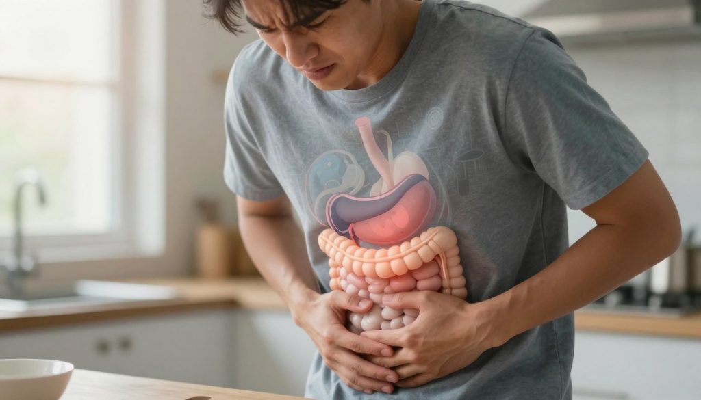 A close-up composition focusing on various digestive distress indicators, featuring a professional person in modest casual attire holding their stomach with a pained expression. The foreground includes a subtle glow highlighting the person’s figure to emphasize discomfort. In the middle ground, illustrate soft visual elements like a faint depiction of food and digestive organs in pastel colors, symbolizing nausea and heartburn. The background has a blurred kitchen setting with gentle sunlight filtering through a window, creating a warm yet slightly unsettling atmosphere. The overall lighting is soft and slightly muted, enhancing the mood of unease while ensuring the image remains safe for work. The focus is on conveying a sense of discomfort and urgency related to digestion issues.