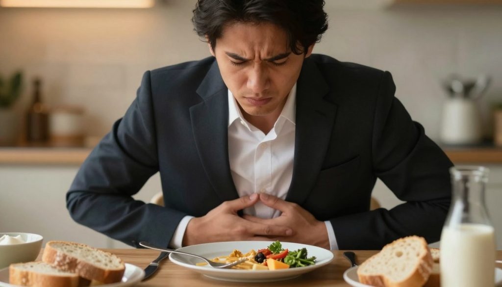 A close-up view of a concerned individual, sitting at a table with an untouched plate of food, depicting signs of poor digestion. The person, dressed in professional business attire, has a furrowed brow and a hand on their stomach, expressing discomfort. In the background, soft, warm lighting enhances the mood of unease, while a blurred out kitchen setting adds context. On the table, a variety of foods are visible, showcasing both healthy and potentially triggering items like gluten-rich bread and dairy. The overall atmosphere conveys a sense of worry and fatigue, embodying the challenges of food sensitivities and the impact on daily life. The image should be intimate and engaging, emphasizing emotional and physical distress without any text or distractions.
