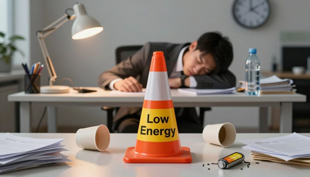 A collection of low energy warning signs creatively arranged in an artistic layout. Foreground: an orange and yellow traffic cone marked with "Low Energy" in bold letters, surrounded by scattered coffee cups and a drained battery icon. Middle ground: a tired office worker in professional attire, slumping over a desk with a dim desk lamp casting a warm glow, highlighting their fatigue. Background: a cluttered office environment with papers, an empty water bottle, and a clock showing late afternoon. The lighting is soft and warm, evoking a sense of exhaustion and heaviness. The mood is noticeably somber and reflective, emphasizing the theme of depleted energy in daily life.