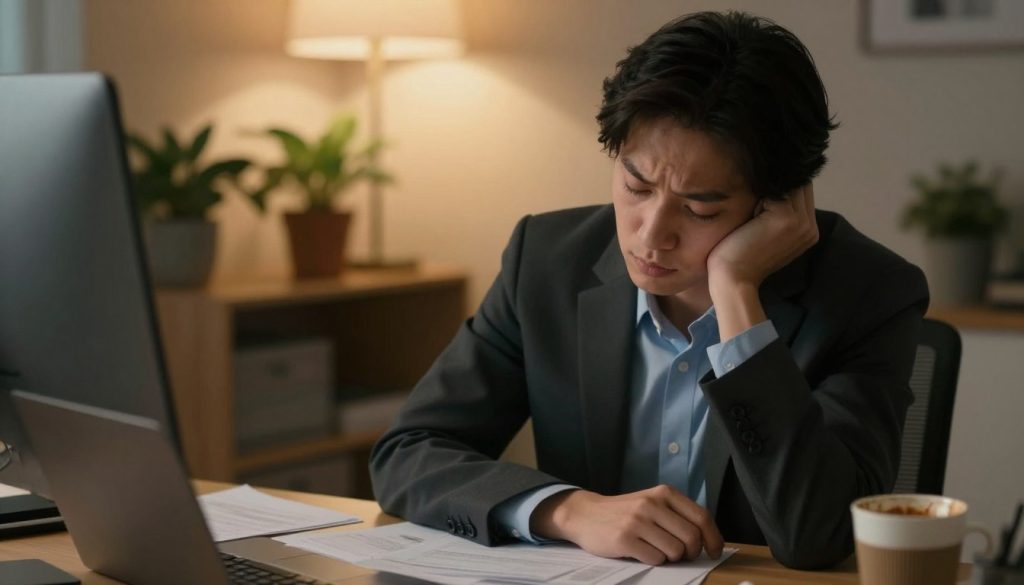 A cozy indoor setting showcasing a person in professional business attire seated at a desk, looking contemplative and fatigued, with a subtle expression of low energy. The foreground captures the person's tired eyes and slightly slumped posture. In the middle ground, there are scattered papers and a half-empty coffee cup, emphasizing a sense of overwhelm and exhaustion. The background features a softly lit room with warm colors, dim lighting, and a few potted plants, creating a serene yet melancholic atmosphere. The light gently falls on the subject's face, highlighting their weary expression without harsh shadows. This image reflects feelings of low vitality and emotional indicators of fatigue.