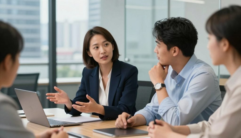 A diverse group of three professionals in a modern office setting, seated around a sleek conference table, engaged in a discussion. In the foreground, a woman with short hair in a navy blazer emphasizes a point with open palms, showcasing confident body language. To her right, a man in a light blue shirt nods thoughtfully, leaning slightly forward, illustrating active listening. Behind them, a glass wall reveals a city skyline, bringing a sense of dynamic energy to the background. Soft, natural lighting filters in, creating a warm atmosphere that encourages communication. Focused angle captures their expressions and gestures, inviting viewers to decode the subtle signals of body language. The mood is professional yet approachable, reflecting a collaborative environment.