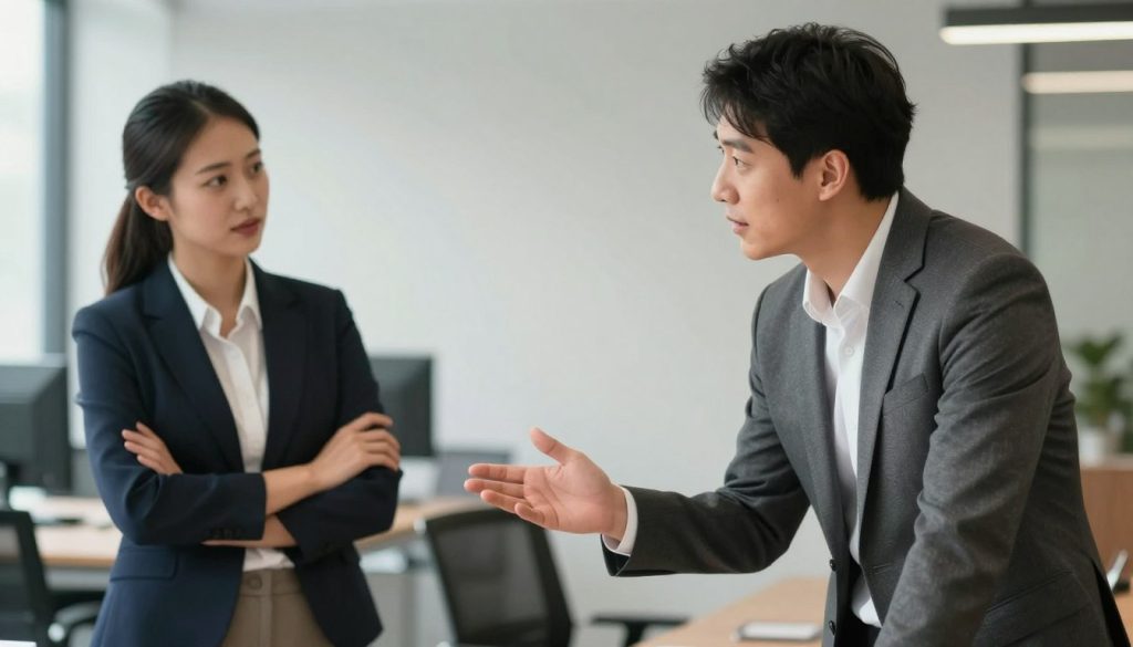A professional setting where two individuals are engaged in a conversation, focusing on their body language. In the foreground, depict a man in a tailored suit with an open posture, leaning slightly forward with attentive expressions, displaying interest. Beside him, a woman in smart business attire maintains an open stance, with arms gently crossed, indicating thoughtfulness. In the middle ground, show subtle body language cues like hand movements suggesting openness and connection. The background should feature a modern office environment with soft lighting illuminating the scene, casting gentle shadows that create an inviting atmosphere. Use a slight depth of field to emphasize the subjects while keeping the background slightly blurred. The mood should be positive and engaging, highlighting the nuances of non-verbal communication.