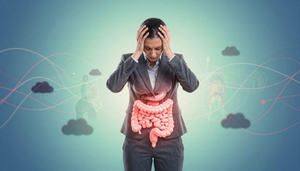 A semi-transparent figure of a stressed individual in professional business attire stands at the center, with a faint glow around their torso indicating a troubled gut. The foreground features swirling patterns of colorful, abstract representations of stress—like chaotic lines and dark clouds—emanating from the figure, symbolizing emotional turmoil. In the middle ground, anatomical illustrations of the digestive system blend subtly with the swirling patterns, emphasizing the connection between stress and gut health. The background is a calming gradient of soft blues and greens, suggesting hope and healing. The lighting is soft and diffused, creating an introspective atmosphere, while a slight lens blur enhances the focus on the individual and their gut connection, underscoring the importance of recognizing stress signals in the body.