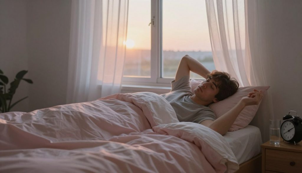 A serene bedroom scene depicting a gentle sunrise filtering through sheer curtains, casting soft, warm light across the room. In the foreground, a cozy, rumpled bed with an open comforter, adorned with calming pastel colors, suggests a recent awake state. A bedside table holds a glass of water and an alarm clock showing an early time, emphasizing the start of the day. In the middle ground, a peaceful figure in modest casual attire stretches awake, their expression reflecting a mix of tranquility and slight fatigue, symbolizing the struggle of waking up tired. The background features a peaceful landscape visible through a window, symbolizing new beginnings. The overall mood conveys a sense of calm reflection, while the gentle lighting enhances the feeling of a new day dawning, representing the science behind waking up tired.