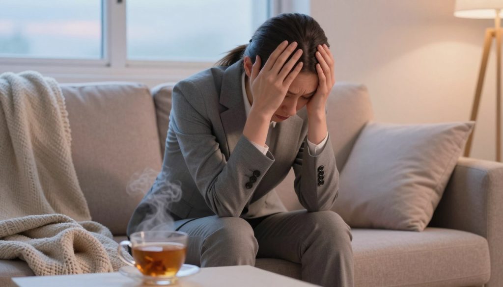 A serene indoor setting depicting a person in professional business attire, sitting on a comfortable couch with a tired expression to illustrate mood changes. In the foreground, include a cozy blanket draped over the back of the couch, and a steaming cup of herbal tea on a side table. In the middle, the person is holding their head in their hands, capturing the essence of fatigue. Soft, diffused lighting casts a warm glow around the scene, suggesting a calm and restful atmosphere. In the background, a window reveals a tranquil evening sky, hinting at sleep disturbances. The overall mood should convey a sense of needing rest and self-care, with gentle colors like pastels to evoke tranquility and softness.
