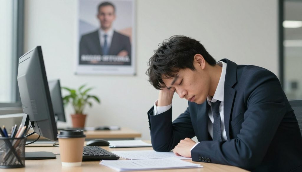 A serene office environment bathed in soft, diffused daylight. In the foreground, a tired professional in business attire is seated at a desk, their posture slightly slumped, head resting on their hand, portraying feelings of low energy. Their eyes are half-closed, and scattered papers and an untouched coffee cup indicate inactivity. In the middle, a blurred image of an inspiring motivational poster on the wall, hinting at the struggle to maintain enthusiasm. In the background, a potted plant wilting slightly adds to the atmosphere of fatigue. The overall mood is one of weariness and quiet contemplation, captured with a shallow depth of field to emphasize the professional's drained expression, while keeping the workspace organized yet dimly lit, suggesting a need for rejuvenation.