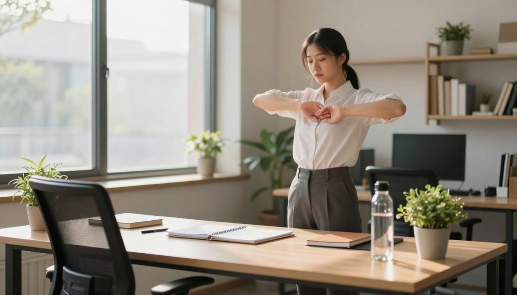 A serene office environment with a focus on workspace ergonomics to depict preventing fatigue. In the foreground, a well-organized desk with a comfortable ergonomic chair, neatly placed notepads, a calming plant, and a water bottle. The middle ground features a professional individual in business attire, standing and stretching gracefully to relieve tension. Natural light filters through large windows, casting a warm glow, enhancing the atmosphere of productivity and well-being. In the background, soft-focus shelves with books on wellness and stress management create an inviting educational vibe. The scene conveys a mood of calm and energy renewal, encouraging effective work habits and physical movement. Aim for a wide-angle shot to capture the entire space, emphasizing comfort and energy efficiency.