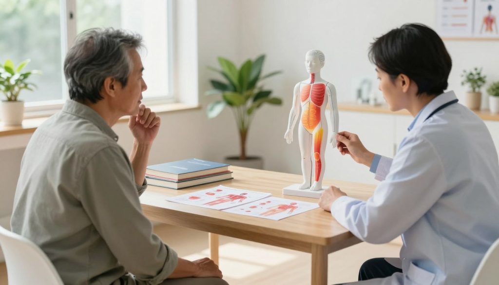 A serene, well-lit clinic interior depicting a professional setting focused on body discomfort. In the foreground, a middle-aged person dressed in modest casual clothing is engaged in a thoughtful discussion with a healthcare professional in business attire, using visual aids such as diagrams and charts to map out pain areas on a body model. In the middle, a light wooden consultation table is positioned with anatomy books and pain charts scattered across it. The background features soft, natural daylight streaming through large windows, creating a calm atmosphere filled with plants and soothing colors. The camera angle is slightly elevated, providing depth and an inviting perspective, evoking a sense of understanding and support in exploring body pain meanings.