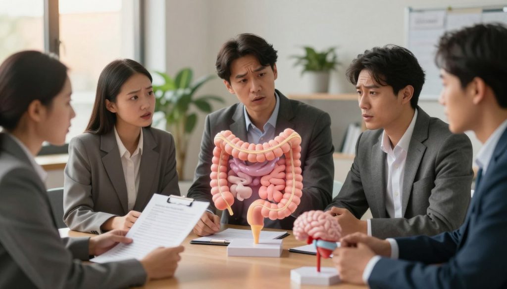 A split scene illustrating gut dysfunction signs, emphasizing the gut-brain connection. In the foreground, a diverse group of professionals in business attire are discussing health issues, looking concerned while holding charts and model representations of the digestive system. In the middle, a detailed overlay of the human gut anatomy, highlighting areas affected by dysfunction, depicted in a semi-transparent layer. The background features a calming, soft-focus office environment with plants and soothing light through a window, creating a serene atmosphere. The lighting is warm and inviting, ideal for a workplace, while a professional lens captures the depth of field, focusing on the human expressions and the gut model. The mood is informative and reflective, stressing awareness of health warning signs.