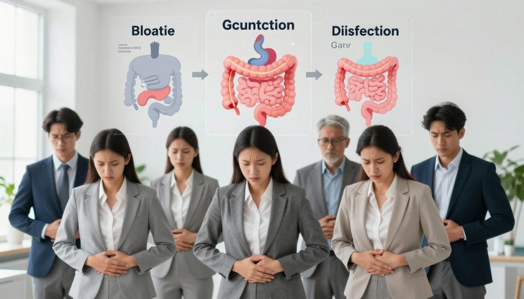 A visually striking depiction of gut dysfunction signs, set in a clean, clinical environment. In the foreground, a diverse group of individuals, dressed in professional business attire, stand with thoughtful expressions, some holding their stomachs to indicate discomfort. The middle layer features a large, detailed infographic illustrating common digestive distress symptoms, such as bloating, gas, and abdominal pain, displayed visually on transparent panels. The background is softly lit to create a calming atmosphere, with subtle green plants symbolizing health and well-being. The composition uses natural lighting from large windows, and the camera angle is slightly elevated to encompass both the people and the infographic effectively, evoking a sense of awareness and concern for gut health.